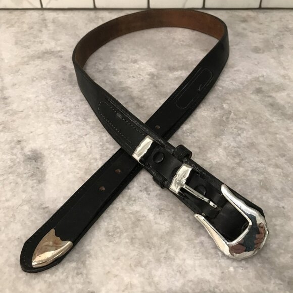 Western Leather Belt Mens Black Large 36/38 Ranger Silver Buckle Tip Cowboy - Picture 1 of 6